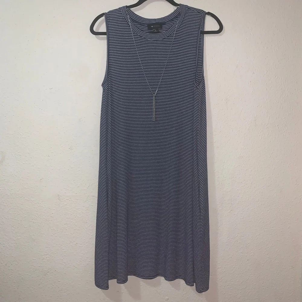 AB Studio Women's Sleeveless Navy/White Striped Stretch Dress Sz L Side Pockets